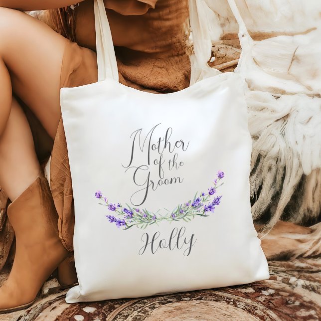 Bolso De Tela Ladrillo de Lavanda Madre del Boda Groom (Mother of the Groom Wedding Tote with Lavender Laurels and Script Font)