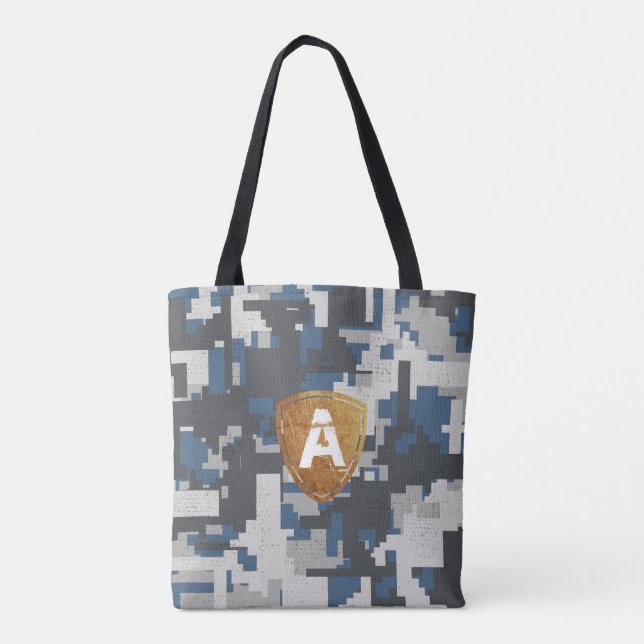 Bolso De Tela Ladrillos militares grises azules con tu Monograma (Reverso)