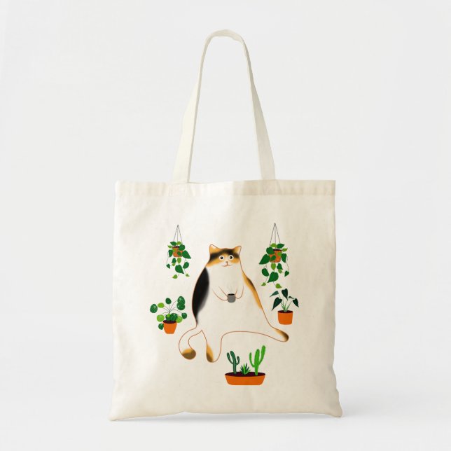 Bolso De Tela Lady Cat Bebiendo Café, Lady Cat Con Plantas (Frente)