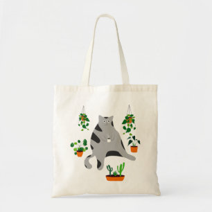 Bolso De Tela Lady Cat Bebiendo Café, Lady Cat Con Plantas