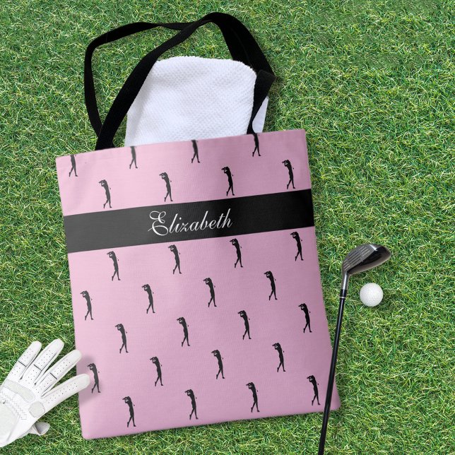 Bolso De Tela Lady Golfer Patrón de nombre personalizado Pink Bl (Lady Golfer Customized Name Pattern Pink Black Tote Bag)