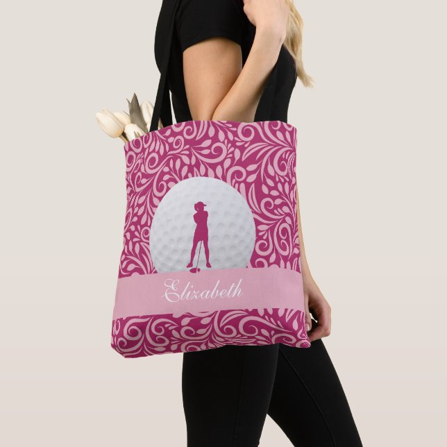 Bolso De Tela Lady Golfer Silhouette Custom Name Pattern Pink (Detalle)