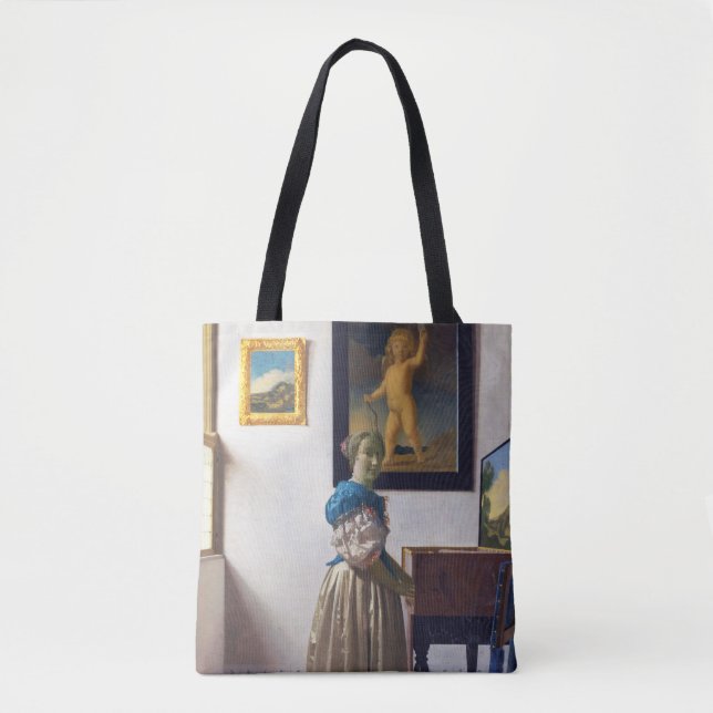 Bolso De Tela Lady parada en un Virginal, Johannes Vermeer (Anverso)