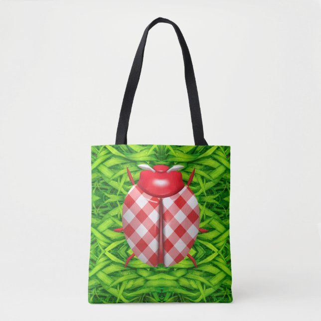 Bolso De Tela Ladybug en el césped gingham check lindo (Anverso)