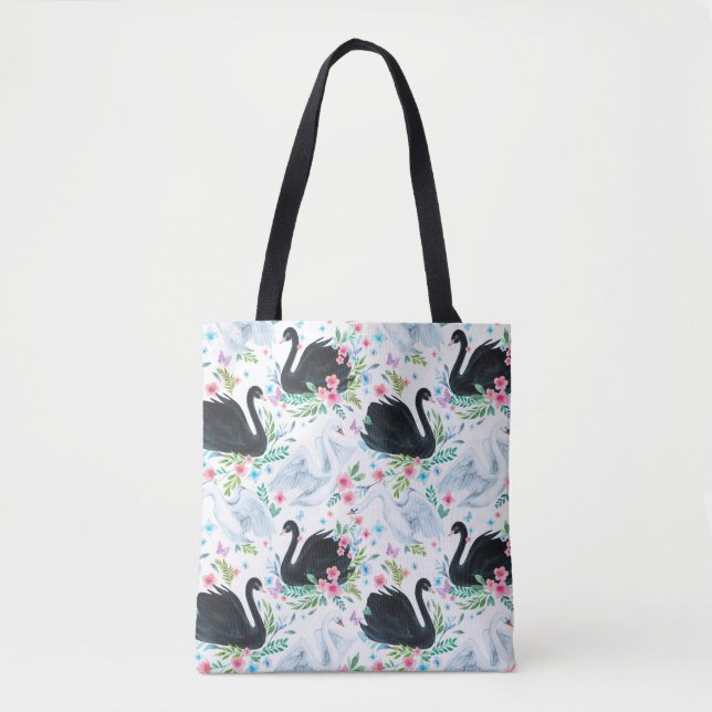 Bolso De Tela Lago de cisne blanco y negro acuarela transparente (Anverso)