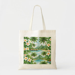 Bolso De Tela Laguna Tropical de Tahití, Flor de Plumeria y Palm