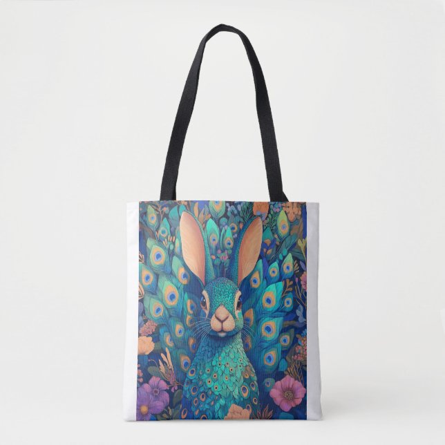 Bolso De Tela Lapin-paon turquoise dans un jardin enchanté (Anverso)