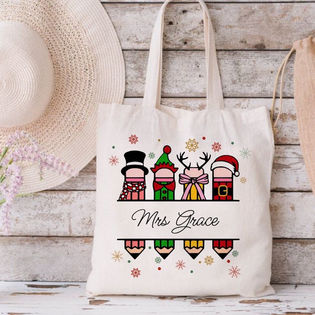 Bolso De Tela Lápiz de nombre de profesor personalizado, regalo  (Personalized Teacher Name tote bag,Christian Christmas tote bag,Christmas tote bag,teacher gift )