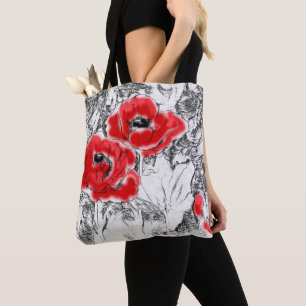 Bolso De Tela Lápiz esquematizado a mano adornos rojos flores fl