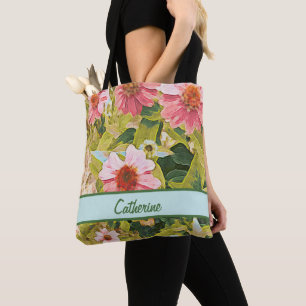Bolso De Tela Las flores rosadas del jardín dejan el nombre pers