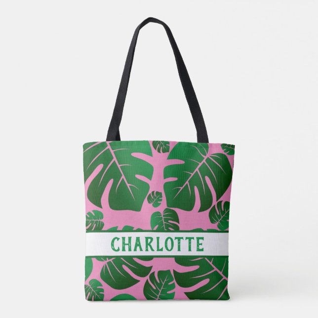 Bolso De Tela Las hojas tropicales de palma verde personalizadas (Reverso)