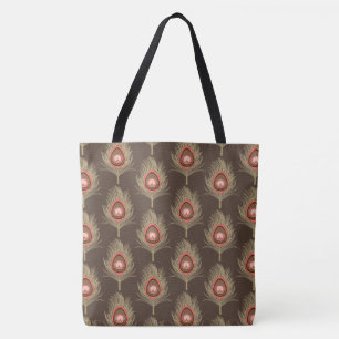 Bolso De Tela Las plumas de pavo real, beige sobre marrón chocol