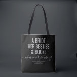 Bolso De Tela Las Vegas Bachelorette Funny Bride Besties Booze T<br><div class="desc">Gracioso bolso de personalizado de la Bachelorette de Las Vegas negro y gris con "Una novia, sus bestias, y alcohol... ¿qué podría salir mal?", cita graciosa en el moderno y moderno tipo de letra grande con acento de escritura caligráfica y texto personalizado para la ocasión, la fecha y la ubicación....</div>