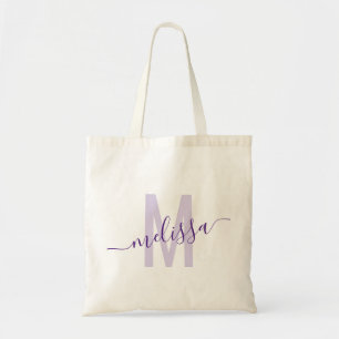 Bolso De Tela Lavanda morada Monograma moderno Nombre Tote Bag