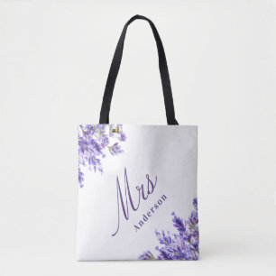 Bolso De Tela Lavender florals violet script mrs nombre boda