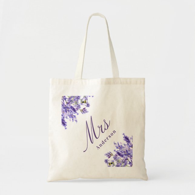 Bolso De Tela Lavender florals violet script mrs nombre boda (Frente)