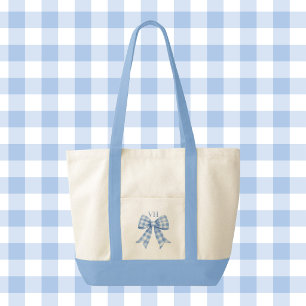 Bolso De Tela Lazo de Vichy Azul con Contraste de Iniciales Mono