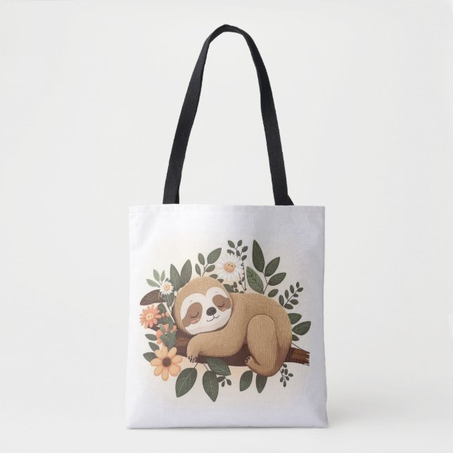 Bolso De Tela Lazy sloth sleeping on a branch cartoon            (Anverso)