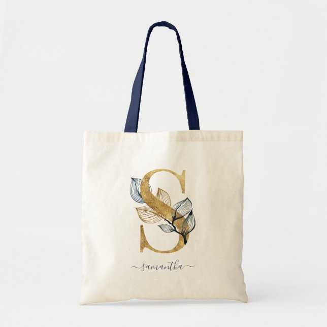 Bolso De Tela Leaf de oro azul de la marina Monograma moderno "S (Frente)