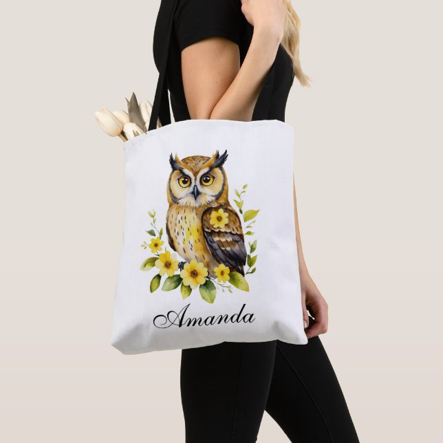 Bolso De Tela Lechuza acuarela con flores amarillas (Detalle)