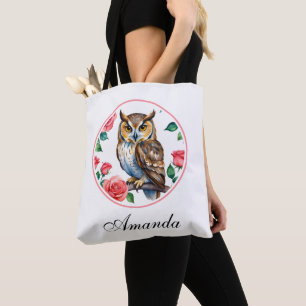 Bolso De Tela Lechuza acuarela decorativa con Rosas