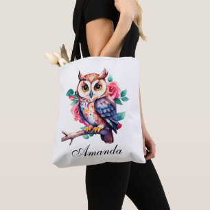 Bolso De Tela Lechuza acuarela floral y Rosas