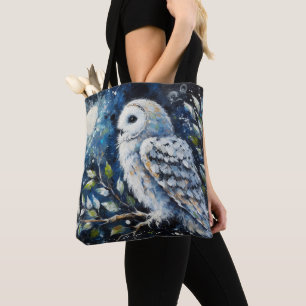 Bolso De Tela Lechuza blanca en rama con pintura lunar
