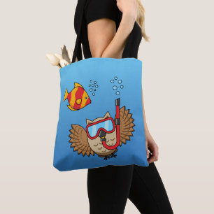 Bolso De Tela Lechuza con máscara de buceo y pescado tropical