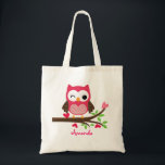 Bolso De Tela Lechuza Cute Rosa Caliente Girly<br><div class="desc">Búho lindo sentado en una rama de árbol. Cuidado patrón floral rosa brillante en el fondo. Algunos elementos de Cherry Clipart.</div>