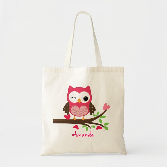 Bolso De Tela Lechuza Cute Rosa Caliente Girly (Frente)