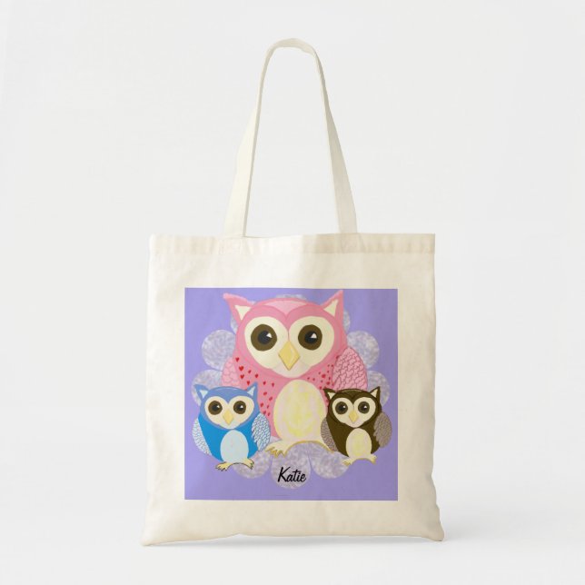 Bolso De Tela Lechuza Marrón, Lechuza Azul Y Lechuza Rosa (Frente)