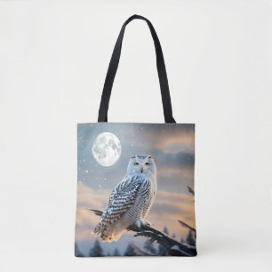 Bolso De Tela Lechuza nevada a la luz de la luna de invierno con
