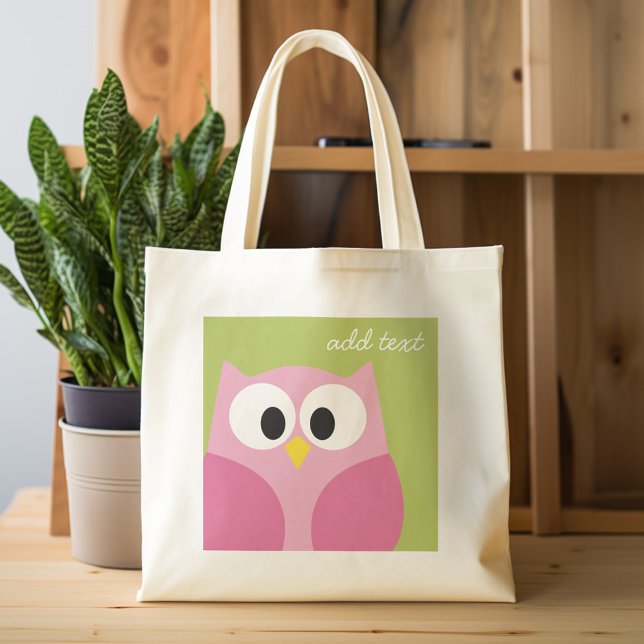 Bolso De Tela Lechuza Personalizado Cuta - Verde Rosa y Lime (Personalized tote bag - cute owl and monogram)
