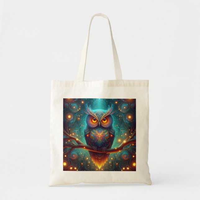 Bolso De Tela Lechuza psicodélica en un bosque cósmico (Frente)