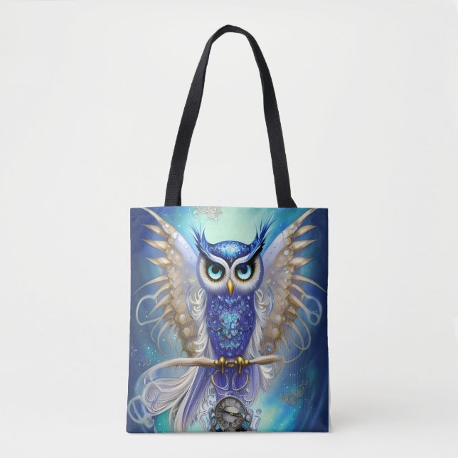 Bolso De Tela Lechuza Steampunk Azul (Anverso)