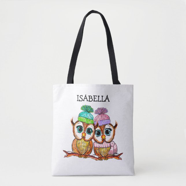 Bolso De Tela Lechuzas de acuarela caprichosas personalizadas (Anverso)