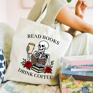 Bolso De Tela Leer Libros Beber Café Esqueleto Divertido Amante 