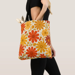 Bolso De Tela Lejano Alegre Retro Daisies Naranja Quemada Dorado