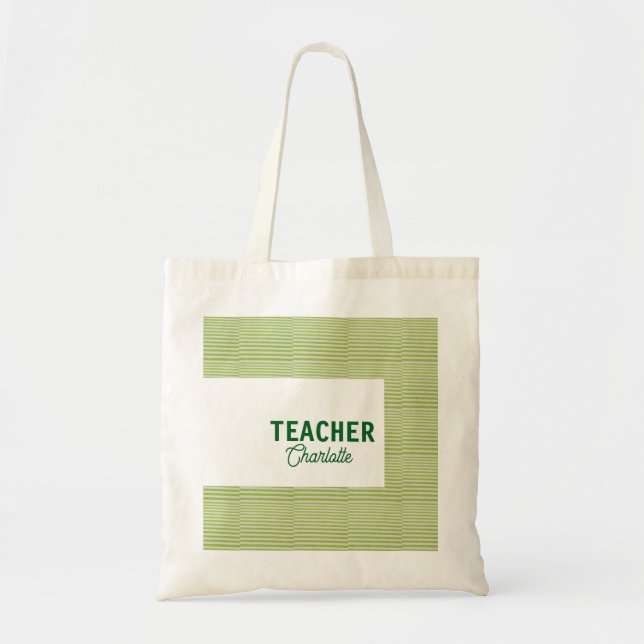Bolso De Tela Lemon green white stripes teacher professor name c (Frente)