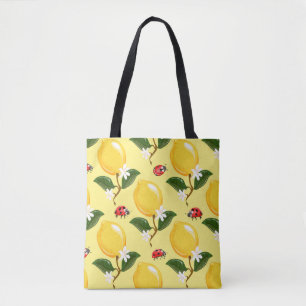 Bolso De Tela Lemon Ladybug: Patrón amarillo tropical.
