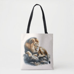 Bolso De Tela León Africano Real descansando sobre una roca - Ac