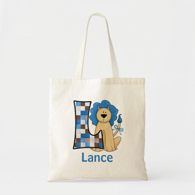 Bolso De Tela León azul para monograma L de niño (Frente)