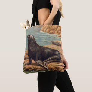 Bolso De Tela León del mar de Vintage cerca de la costa, mamífer