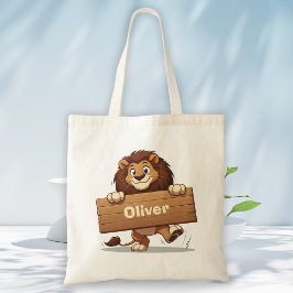 Bolso De Tela León juguetón con placa de nombre de madera