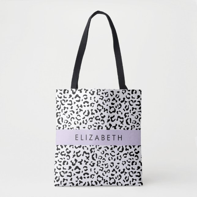 Bolso De Tela Leopard Print, Spots, Black And White, Tu Nombre (Anverso)