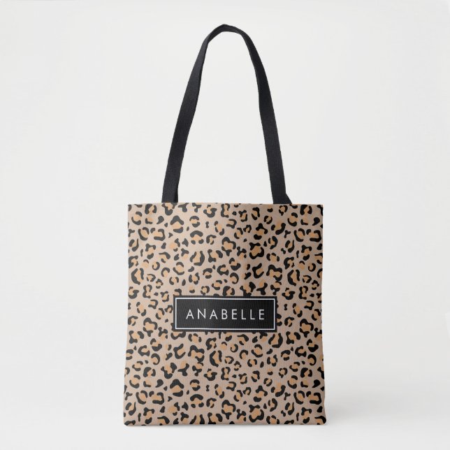 Bolso De Tela Leopard Print, Spots, Brown Leopard, Tu Nombre (Anverso)
