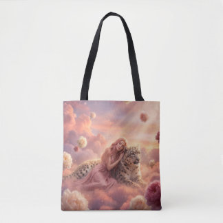 Bolso De Tela Leopardo de Nieve Encantador y Mujer en Nubes