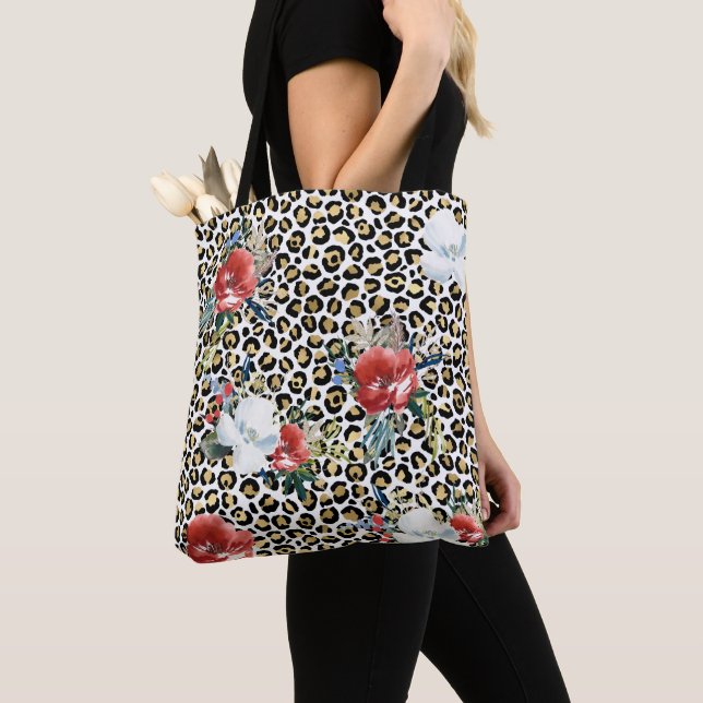 Bolso De Tela Leopardo dorado Imprimir Floral Blanco Rojo (Detalle)
