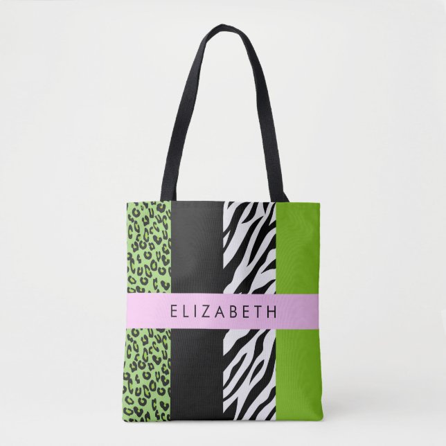 Bolso De Tela Leopardo Print, Zebra Print, Green, Your Name (Anverso)