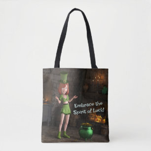 Bolso De Tela Leprechaun Toon Chica al lado de la olla de oro
